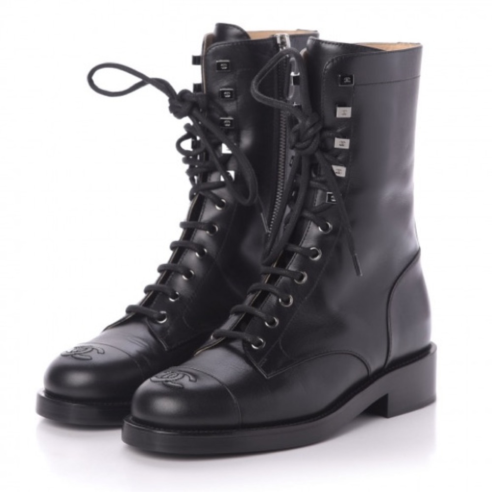 CHANEL Lace Up Calfskin Combat Boots